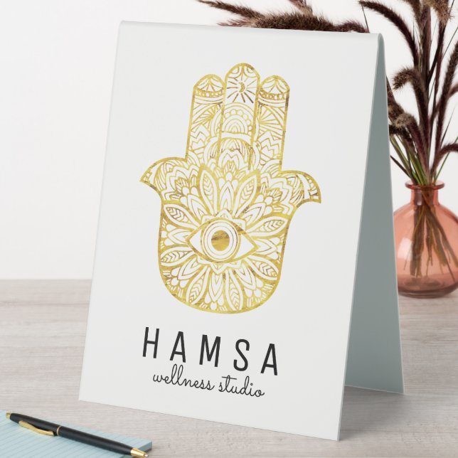 Berufliches Goldenes Hamsa Tablettenschild Tischaufsteller (In Situ (Tisch))