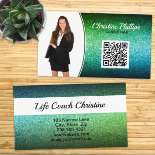 Berufliches Green Ombre Glitzer Custom Foto QR Visitenkarte