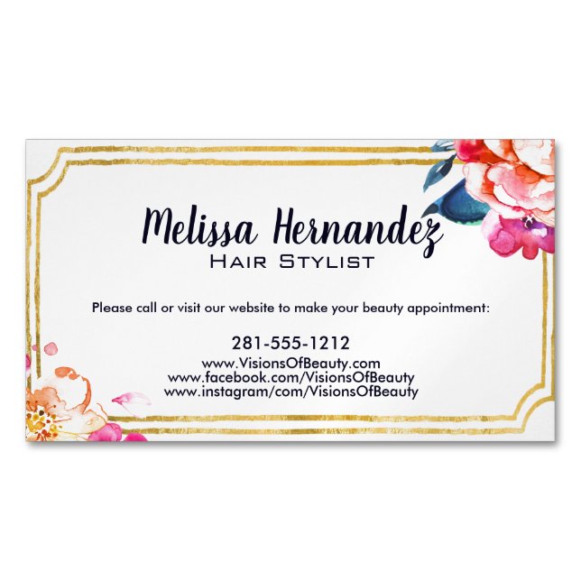 Berufliches Hairstylist-Haar-rosa Mit Blumenblau Magnetische Visitenkarte (Vorderseite)