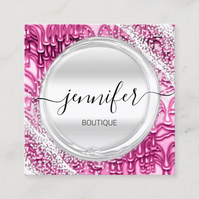 Berufliches Makeup-Künstlerrosa Silbergraues Logo Quadratische Visitenkarte (Vorderseite)