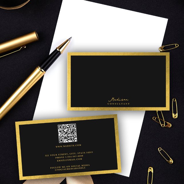 Berufliches Minimalistisches Script Visitenkarte (Professional Minimalist Script Luxury Black & Gold Business Card)