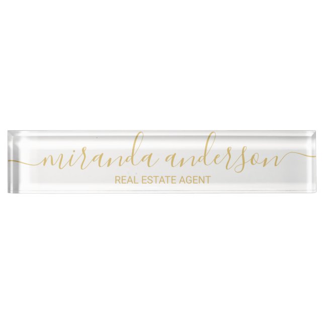 Berufliches modernes Skript-Weiß und Gold Namensplakette (Vorderseite)