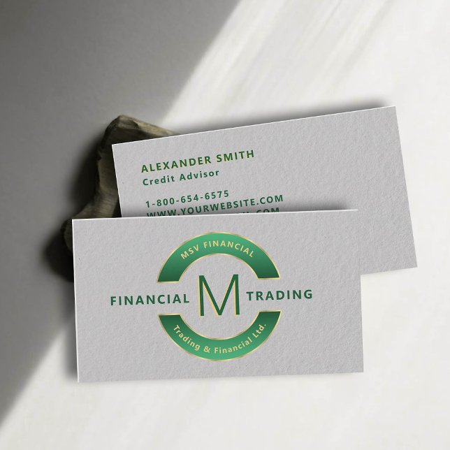 Berufliches Monogramm für das Grüne Gold des Händl Visitenkarte (dealer trader financial finance business card faux embossed green gold professional sleek minimalist)