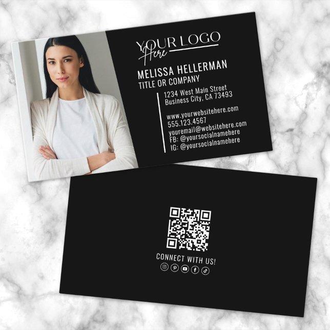 Berufliches QR-Foto-Logo für Schwarze Moderne Visitenkarte (Black Modern Professional QR Code Photo Logo Business Card)