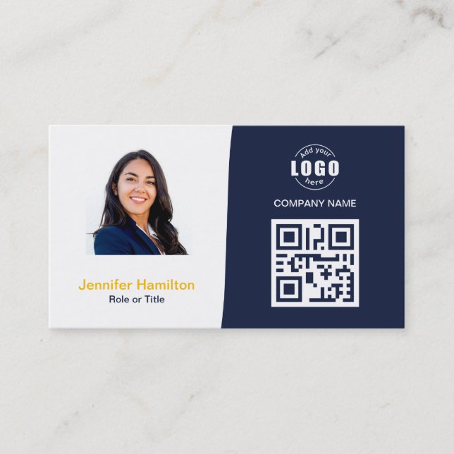 Berufliches QRCode-Foto Dunkelblau gelb Visitenkarte (Vorderseite)
