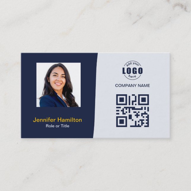 Berufliches QRCode-Foto Dunkelblau gelb Visitenkarte (Vorderseite)