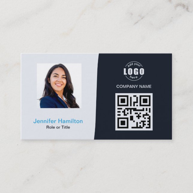Berufliches QRCode Foto Navy Blue Business Visitenkarte (Vorderseite)