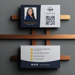 Berufliches QRCode-Foto Navy Blue Orange Visitenkarte
