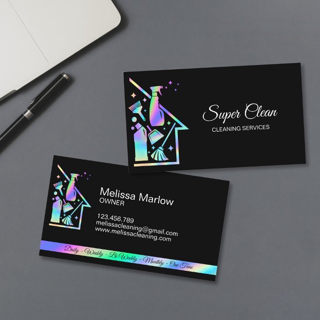 Berufliches Reinigungshaus Maid Janitor Services Visitenkarte (holographic foil cleaning utensils business card)