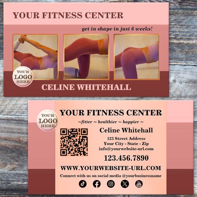 Berufliches Rosa Foto Fitness Center Visitenkarte (Professional fitness personal trainer business card featuring in elegant pink with warm earth tones)