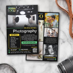 Berufliches Schwarz-Gelb-Minze-Logo Flyer<br><div class="desc">Black Marketing Flyer für einen beruflichen Fotografen, der mit Fotos, Logos, Kontaktinformationen, benutzerdefinierten Text und QR-Code personalisiert ist. Fügen Sie Ihre Arbeit zu diesem Promo-Flyer für ein berufliches Fotogeschäft mit hellgelben und minzgrünen Akzenten. Fügen Sie Ihre Spezialitäten und Angebote und aktuelle Rabattangebote hinzu. Auf der Rückseite, zeigen Sie ein Muster...</div>