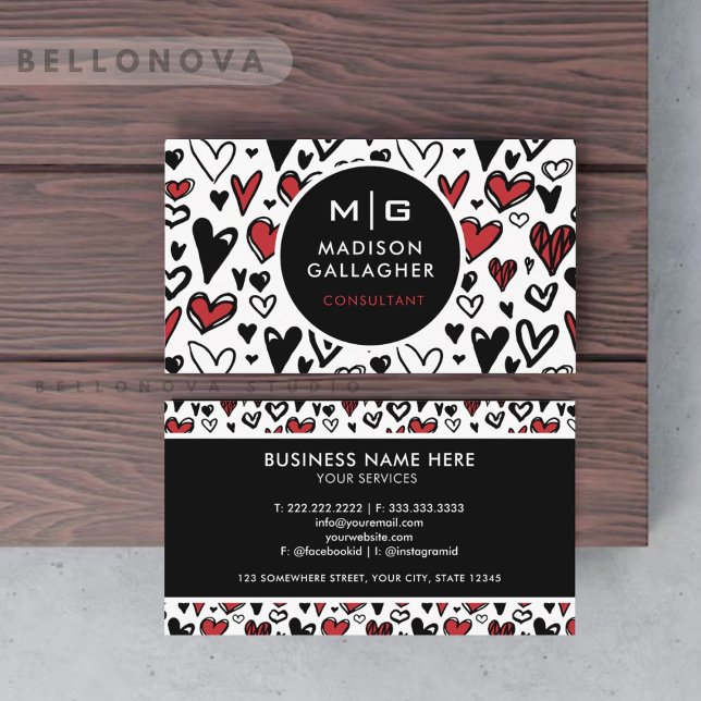 Berufliches Schwarz-Weiß-Liebe Herz Visitenkarte (Custom Black And White Red Love Heart Professional Business Card)