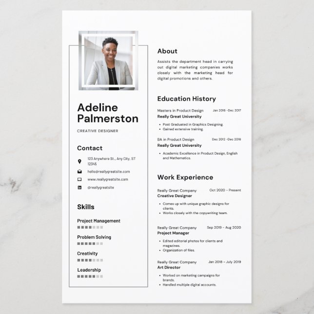 Berufliches Schwarz-Weiß-Minimalistisches Resume (Vorderseite)