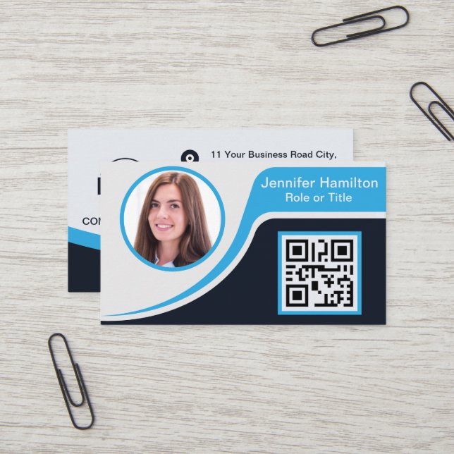 Berufliches Schwarzes Blau Fügen Sie Ihrem Logo QR Visitenkarte (Vorderseite/Rückseite Beispiel)
