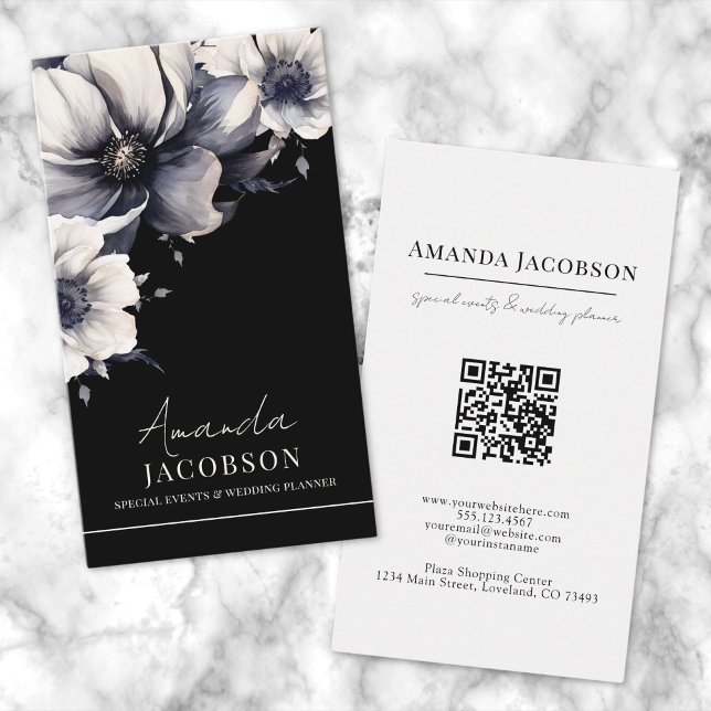 Berufliches schwarzes Floral-Logo Visitenkarte (Vertical Logo Black Floral Elegant Professional Business Card )