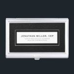 Berufliches schwarzes Leder Visitenkarten Dose<br><div class="desc">Einfaches modernes Luxus-Design mit personalisiertem Namen,  Titelfirma oder Sondertext unten in klassischer Blocktypografie auf schwarzem Lederhintergrund. Personalisieren Sie Ihre individuelle Verwendung.</div>