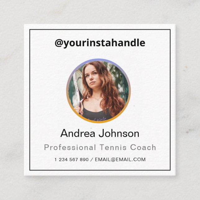 Berufliches Tennis Coach Foto & QR Code Modernster Quadratische Visitenkarte (Vorderseite)