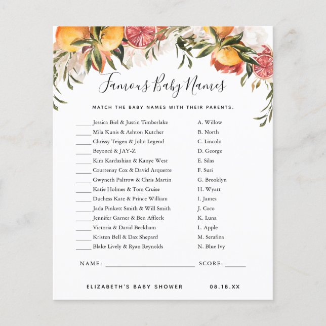 Berühmte Baby-Namen | Baby Showspiel (Vorderseite)