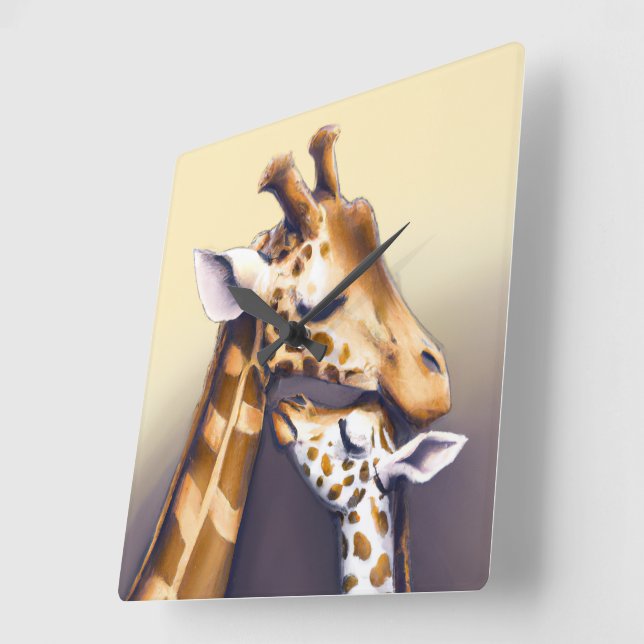Berührungsmoment zwischen Mutter Giraffe und Kalb Quadratische Wanduhr (Winkel)