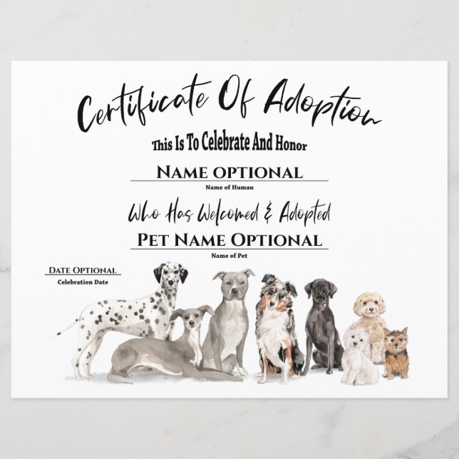Bescheinigung für Hunde mit niedlicher Adoption (Vorderseite)