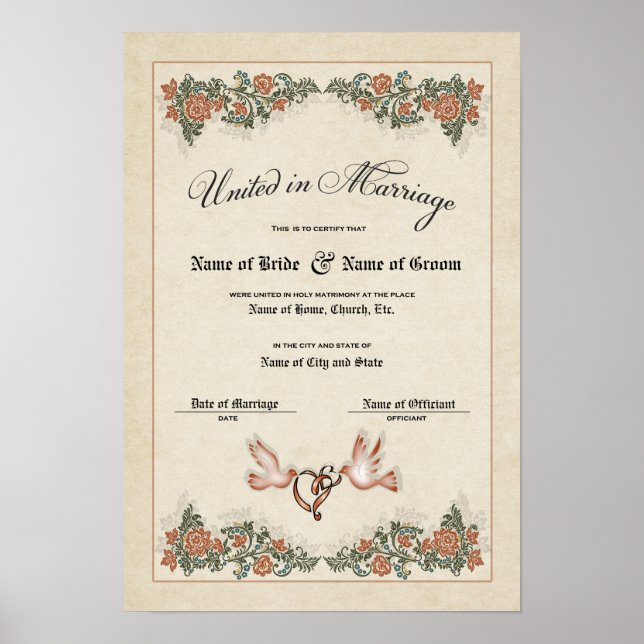 Bescheinigung Hochzeit-Ehe-(Zierwahre) Poster (Vorne)