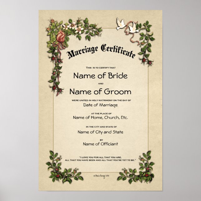 Bescheinigung Hochzeit-Ehe-(Zierwahre) Poster (Vorne)