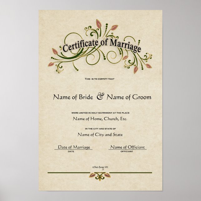 Bescheinigung Hochzeit-Ehe-(Zierwahre) Poster (Vorne)