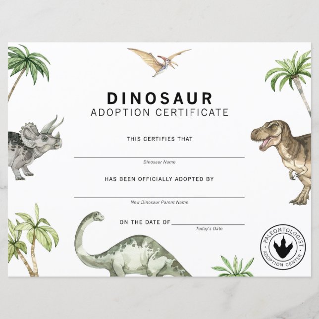 Bescheinigung über die Adoption Dinosaurier (Vorderseite)
