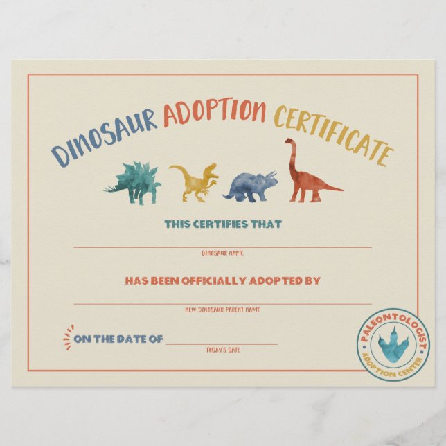 Bescheinigung über die Adoption Dinosaurier (Vorderseite)