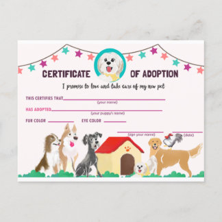 Bescheinigung über die Adoption eines Heimtiers Einladungspostkarte