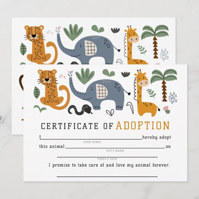 Bescheinigung über die tierische Adoption Zwei Wil Einladung (Vorne/Hinten)