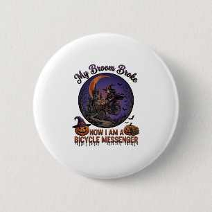 Besen Brach Fahrrad Kurier Hexe Halloween Mond Button