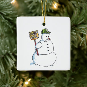 Besen Schneemann quadratischer keramischer Schmuck Keramikornament