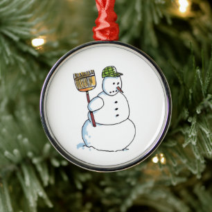 Besen Schneemann runder Premium-Schmuck Ornament Aus Metall