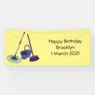 Besen- und Mopp-Cartoon-Illustration Banner