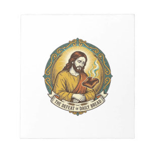 Besiegter Jesus raucht verbrannten Toast Frühstück Notizblock