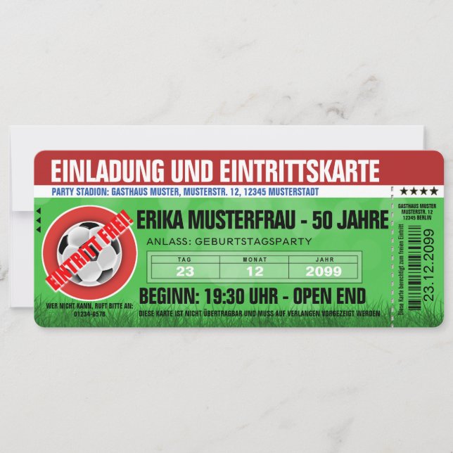 Besondere Einladungskarte Ticket Fußball (Vorderseite)