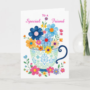 Besondere Freundin Teetasse & Blumen Geburtstag Karte