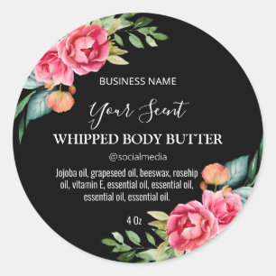 Bespoke Black Floral Body Butter Labels Runder Aufkleber