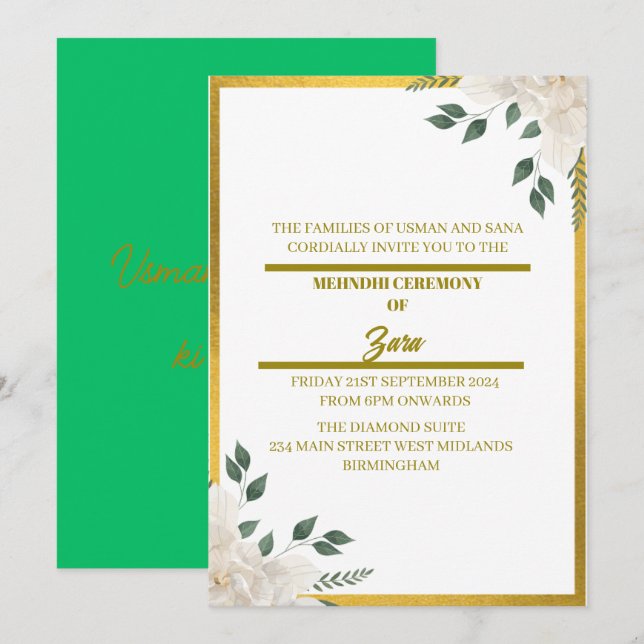 Bespoke Green und Gold Floral Mehndi Einladung (Vorne/Hinten)