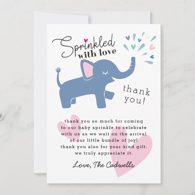Besprüht mit Liebe-niedlichem Elefant-Baby Dankeskarte (Vorderseite)