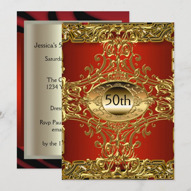Best 50. Gold Burgund Geburtstagsparty Einladung (Vorne/Hinten)