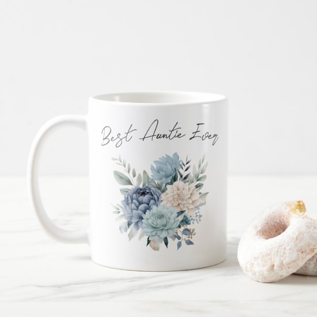 Best Auntie Ever blauen Blumen Aquarell Kaffeetasse (Mit Donut)