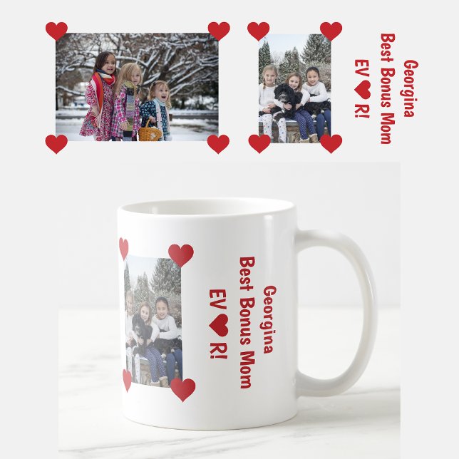 Best Bonus Mama EVENT Liebe 2 Fotos Kaffeetasse (Personalized name + 2 photos Best Bonus Mom Ever mug. Hearts. Modern, cute Mother's Day / bday gift)