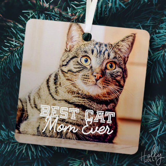 Best Cat Mom Ever Modern Custom Pet Photo Ornament Aus Metall (Von Creator hochgeladen)