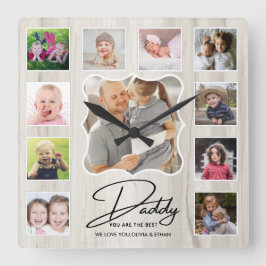 Best Daddy Ever 11 Photo Collage Rustic Wood Quadratische Wanduhr