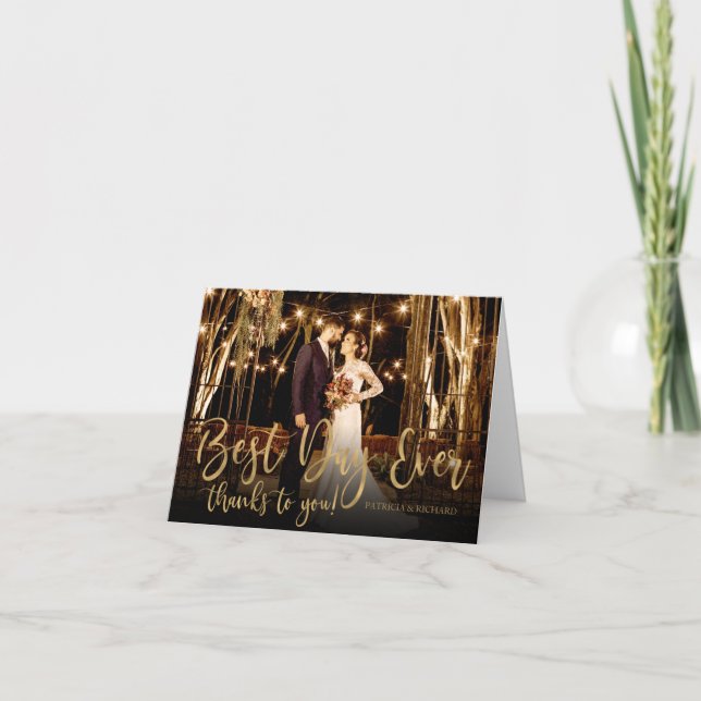 Best Day Ever Gold Script Foto Hochzeit Vielen Dan Dankeskarte (Vorderseite)
