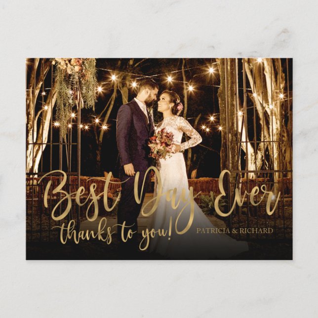 Best Day Ever Gold Script Foto Hochzeit Vielen Dan Postkarte (Vorderseite)