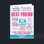 Best Friend Geburtstagsangebot Karte<br><div class="desc">Eine phantastische Bestie got? Dieses fabelhafte rosa und blaue Design ist voll von inspirierenden Zitaten und Redewendungen über die besten Freunde. Zu den Redewendungen zählen "Soul Schwestern" und "niemand bekommt uns wie wir!. Die moderne Typografie macht einen stilvollen Grußwagen. Fügen Sie Ihre eigene persönliche Nachricht hinzu, um sich mit einer...</div>