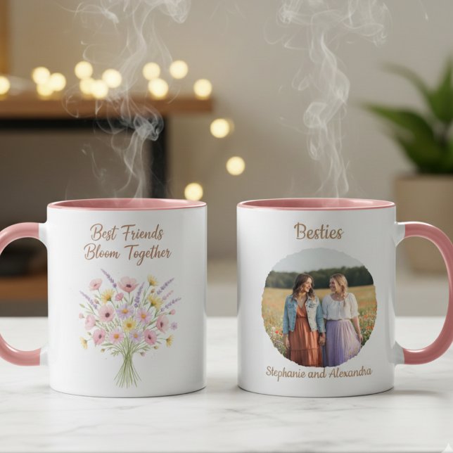 Best Friends Bloom Together Floral Birthday Gift Tasse (Best friend floral photo coffee mug)
